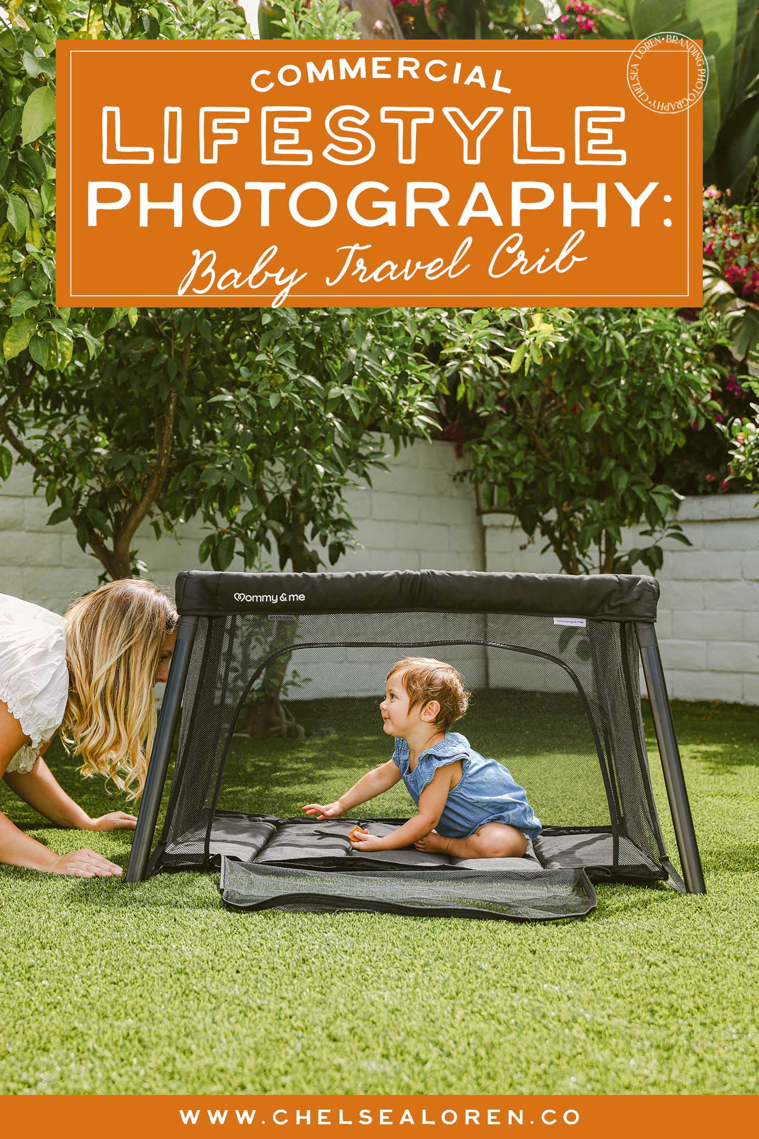 commercial lifestyle photography for a baby travel crib in a backyard featuring mom and baby