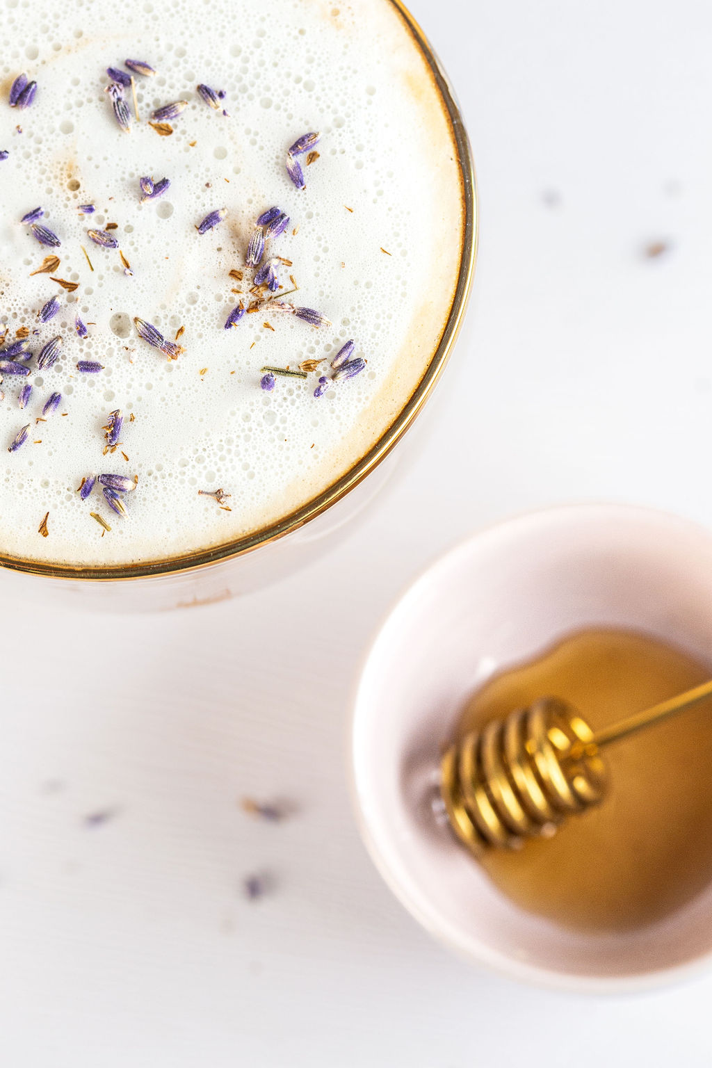 Lavender honey latte close up macro image for coffee shop branding product photographer