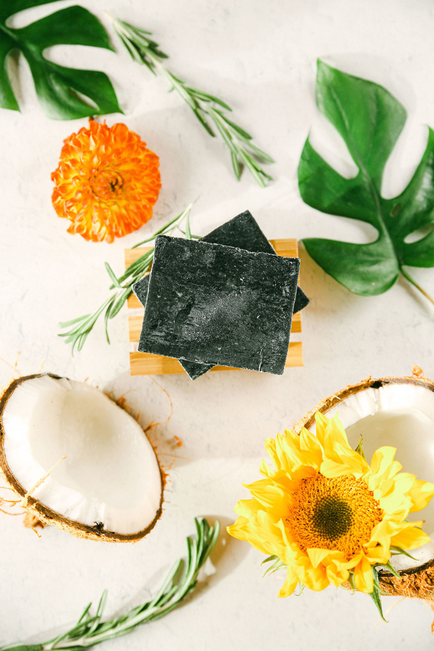 styled product photography skincare flat lay charcoal body soap coconuts sunflower natural vegan san diego chelsea loren photography branding