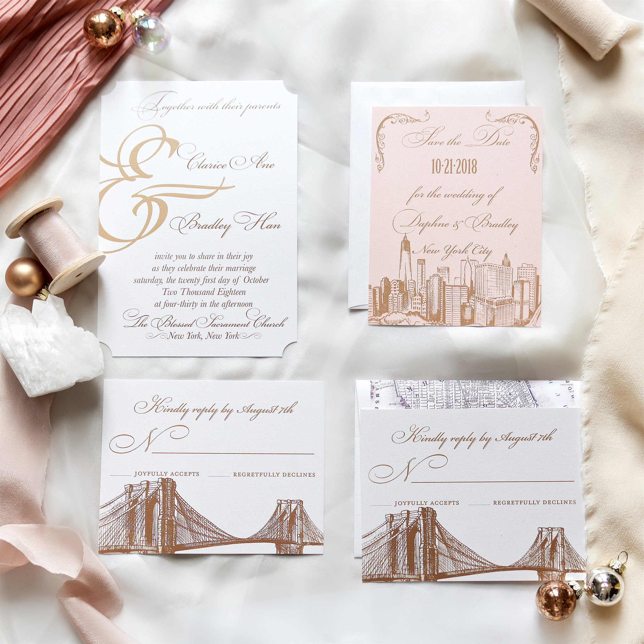 Feminine vintage French flat lay invitation suite with macarons Anthropologie Free People Etsy designer. Branding product photographer Chelsea Loren styling flat lays. Dusty pink New York City modern meets vintage invitation.