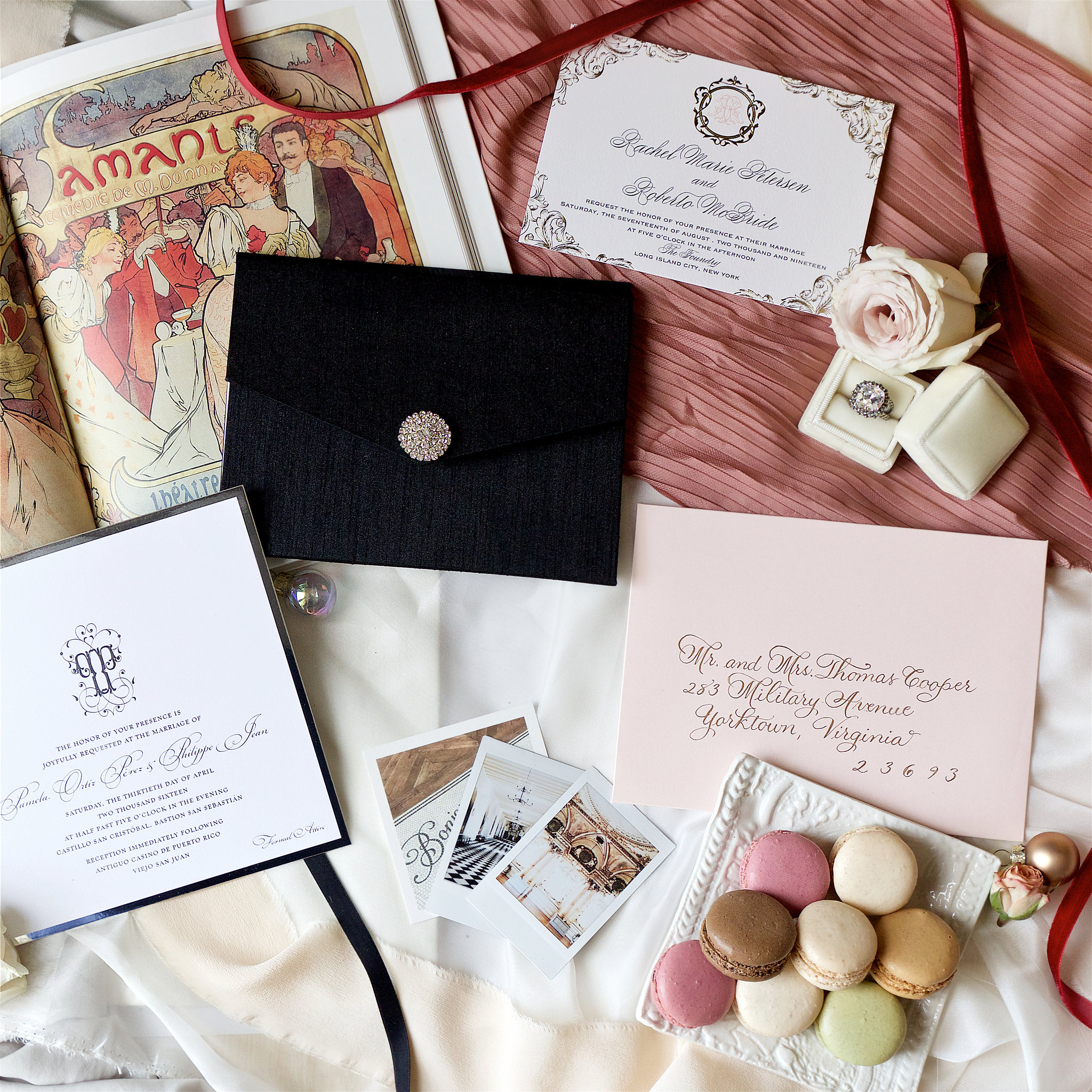 Feminine vintage French flat lay invitation suite with macarons Anthropologie Free People Etsy designer. Branding product photographer Chelsea Loren styling flat lays. Alphonse Mucha Art Nouveau French Parisian.