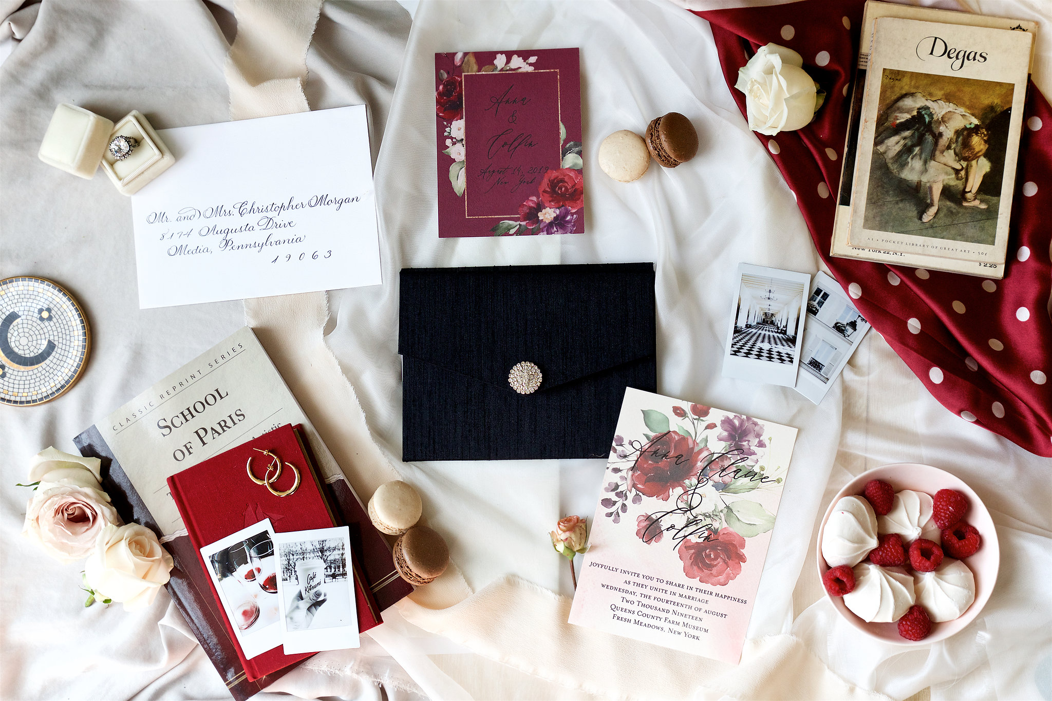 Rose maroon burgundy invitation suite with florals. Moody luxurious invitation suite with modern meets vintage French Parisian styling.