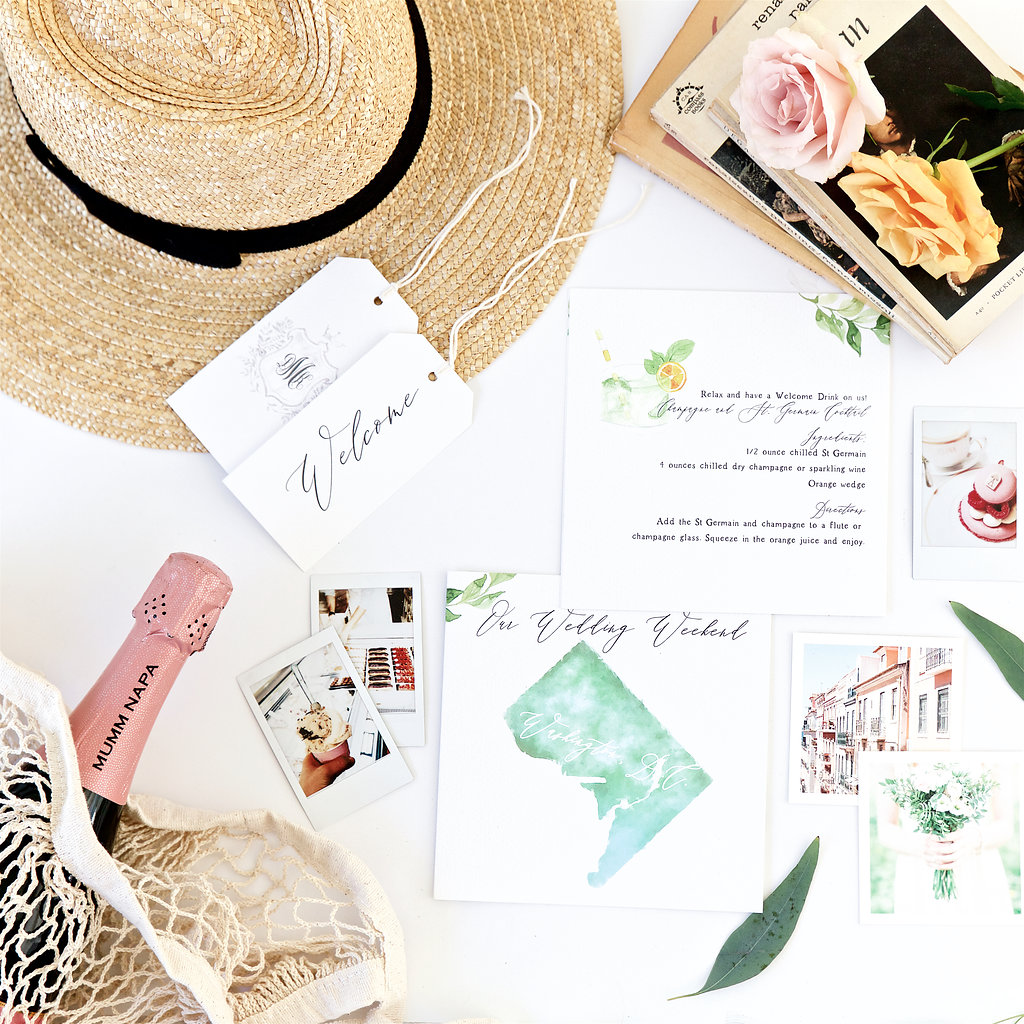 Feminine vintage French flat lay invitation suite with macarons Anthropologie Free People Etsy designer. Branding product photographer Chelsea Loren styling flat lays. Tropical caribbean modern luxurious.