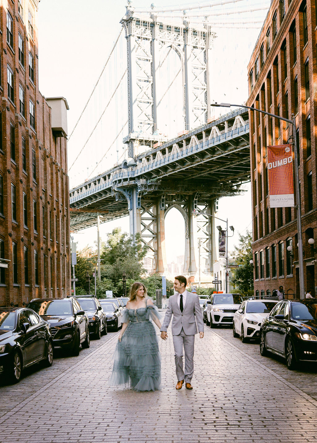 DUMBO bridge manhattan dan humphrey gossip girl engagement photoshoot teal tulle vintage ruffle dress branding photographer Chelsea Loren