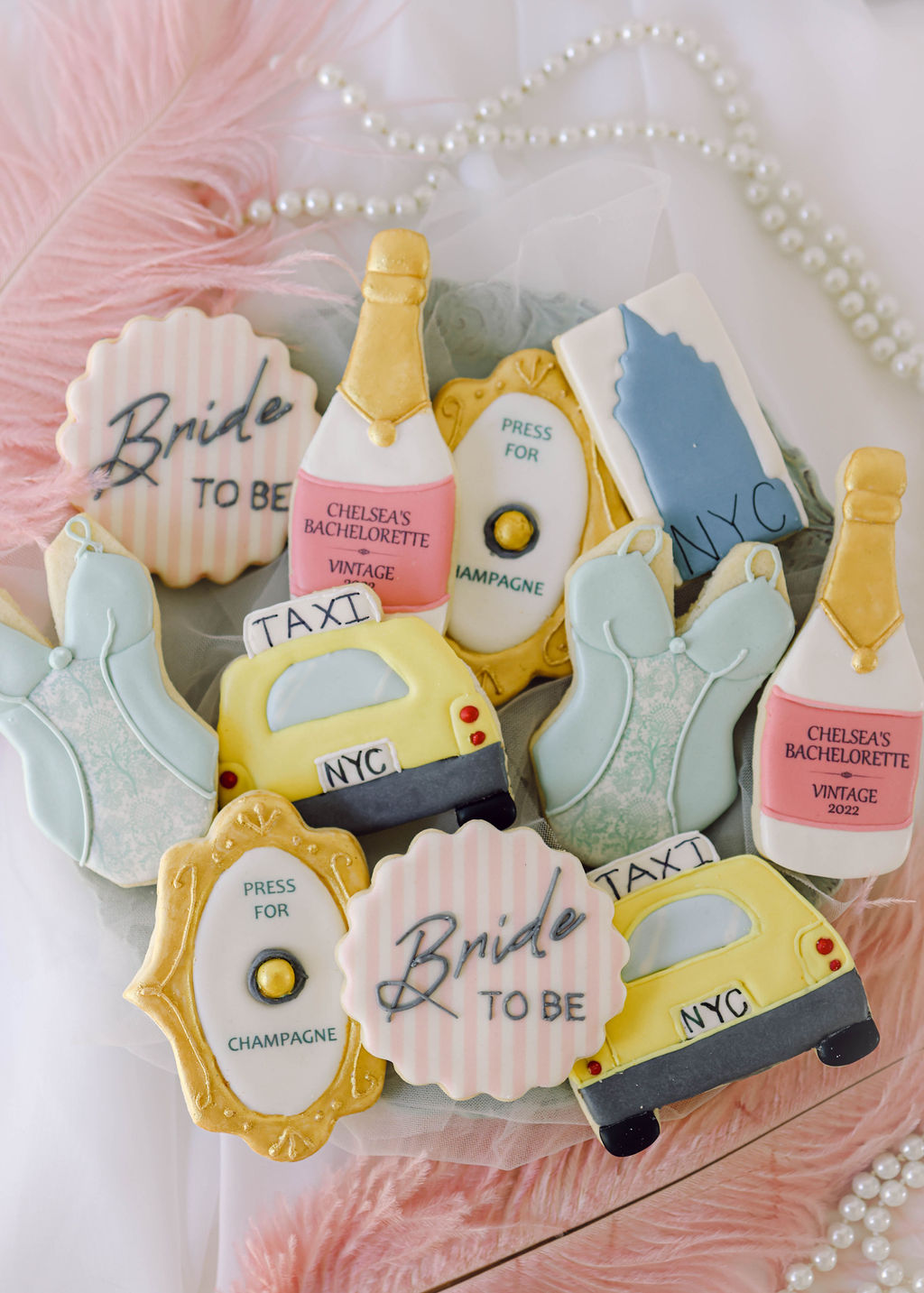 taxi champagne bottle bride to be lingerie gossip girl sex and the cityNew York City themed bachelorette fondant cookies
