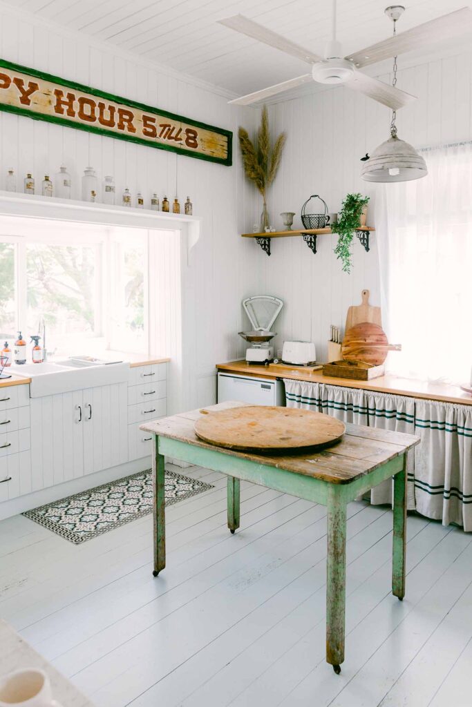 Beautiful beachy queensland surf kitchen with vintage farmhouse french flair airbnb photographer chelsea loren