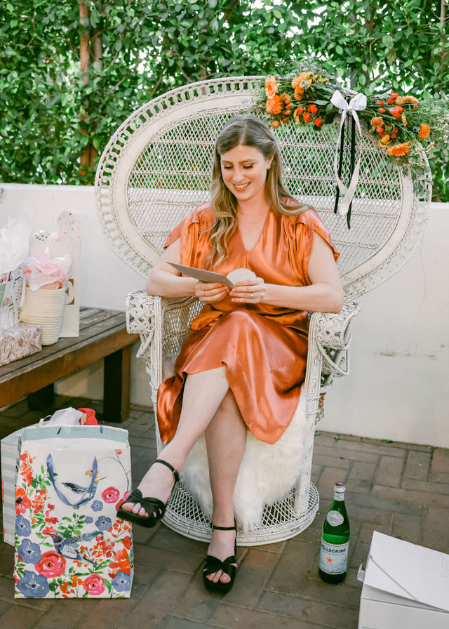 Orange County french riviera themed bridal shower morning lavender orange vintage dress peacock chair