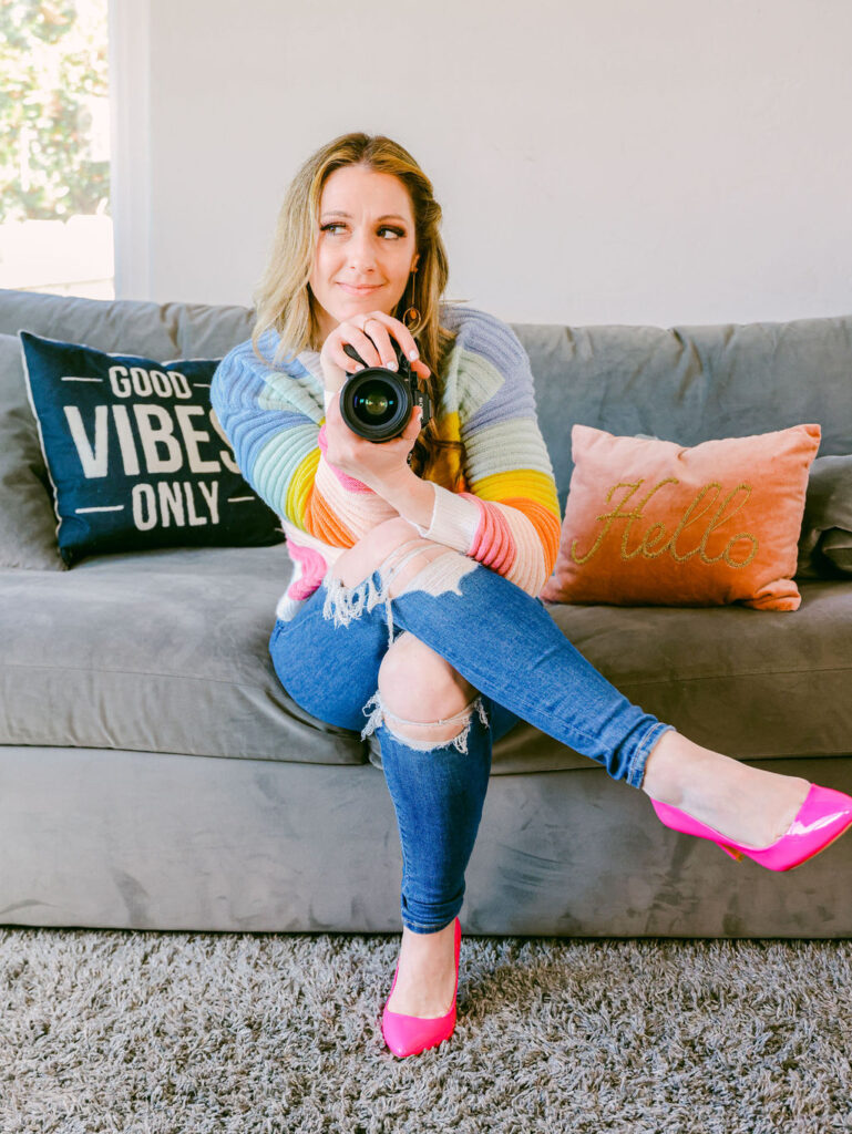 Best San Diego Branding Photographer Creative Portrait Headshots by Chelsea Loren Instax Polaroid Camera Colorful Pink Shoes Rainbow Cardigan