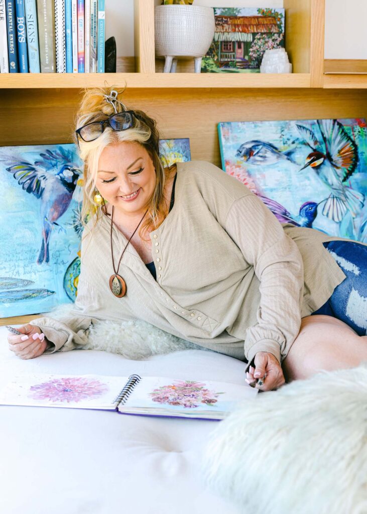 Artist painting in yoga studio light bright airy oil paint branding photography by Chelsea Loren Southern California orange county