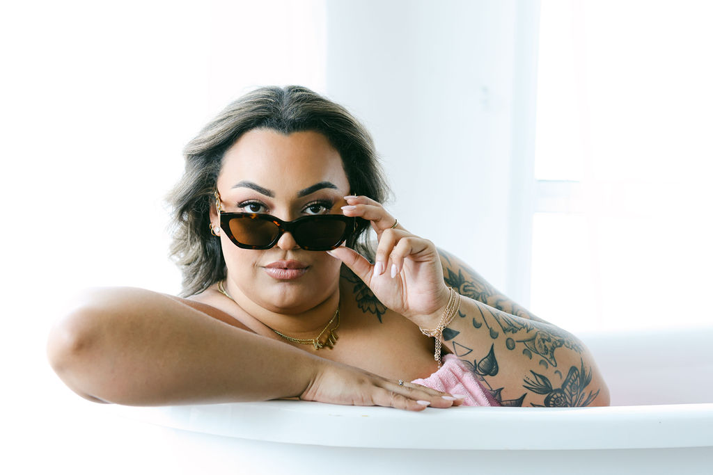 Boss Girl confidence in bath tub personal branding photoshoot san diego