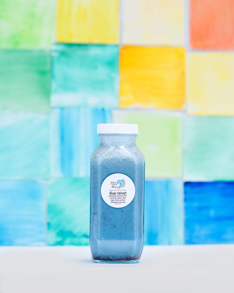 Colorful watercolor zellige tile backdrop product photography for smoothie juice brand in San Diego