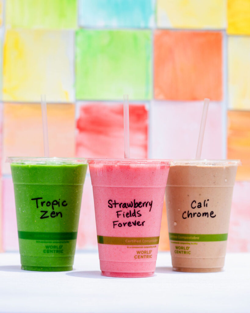 Colorful watercolor zellige tile backdrop product photography for smoothie juice brand in San Diego