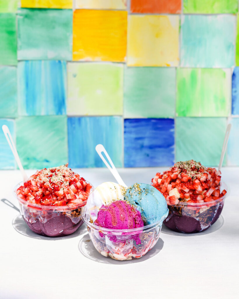 Colorful watercolor zellige tile backdrop product photography for smoothie juice brand in San Diego