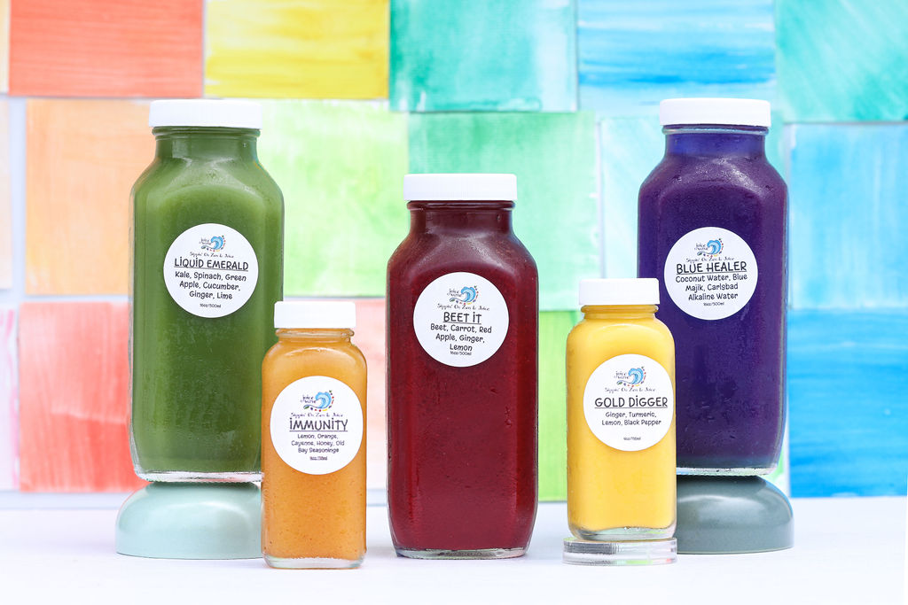 Colorful watercolor zellige tile backdrop product photography for smoothie juice brand in San Diego