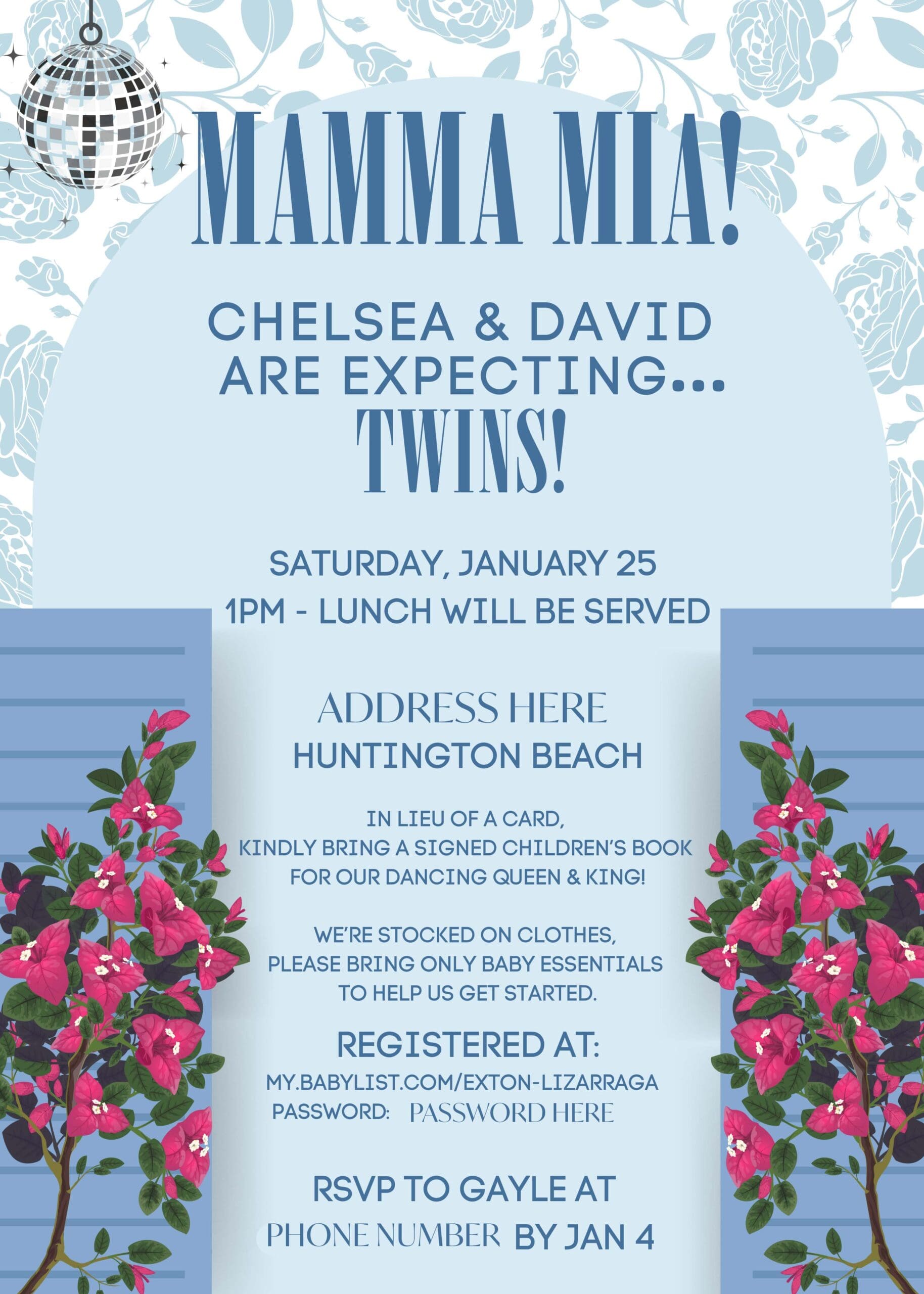 Mamma Mia Baby Shower Invitation for Twins