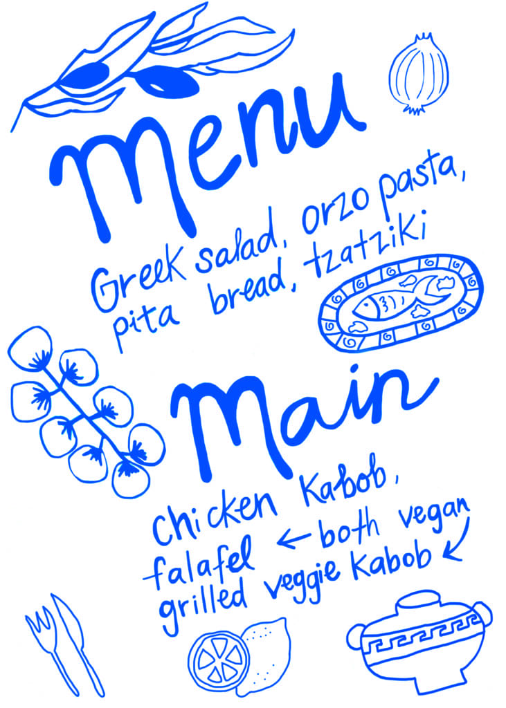 artistic hand drawn illustrated menu for baby shower greece greek feeling mamma mia