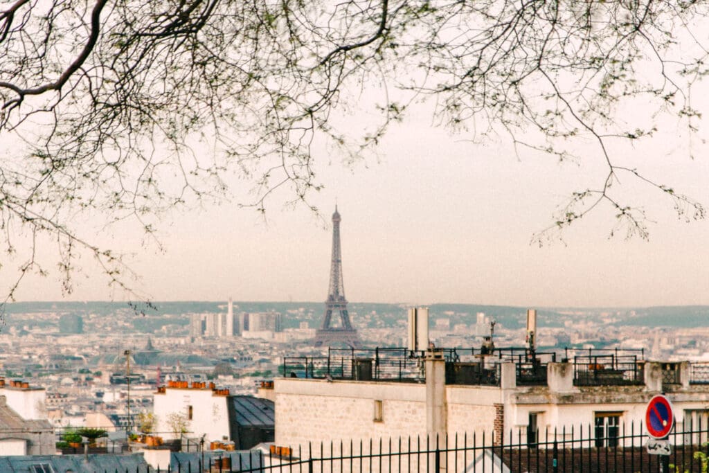 view of eiffel tower through trees 