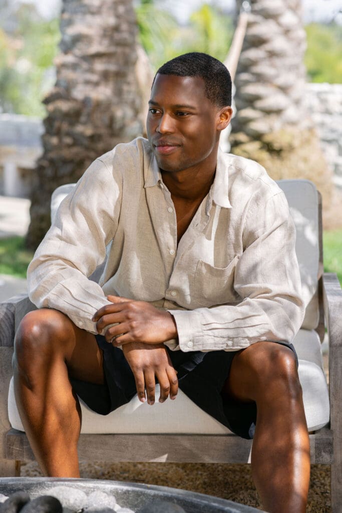 MUJI Spring Summer 2026 Hemp and Linen – lifestyle couple shot with male and female models in hemp linen collection, poolside Southern California, brand photography by Chelsea Loren