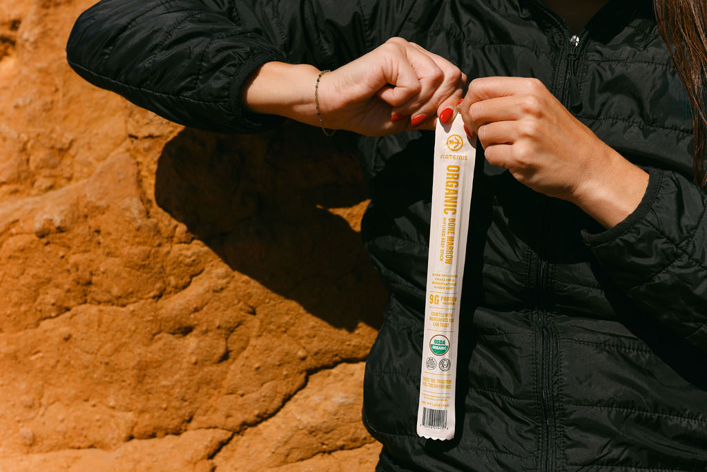 close-up of organic food product outdoors on natural surface for CPG brand photography
