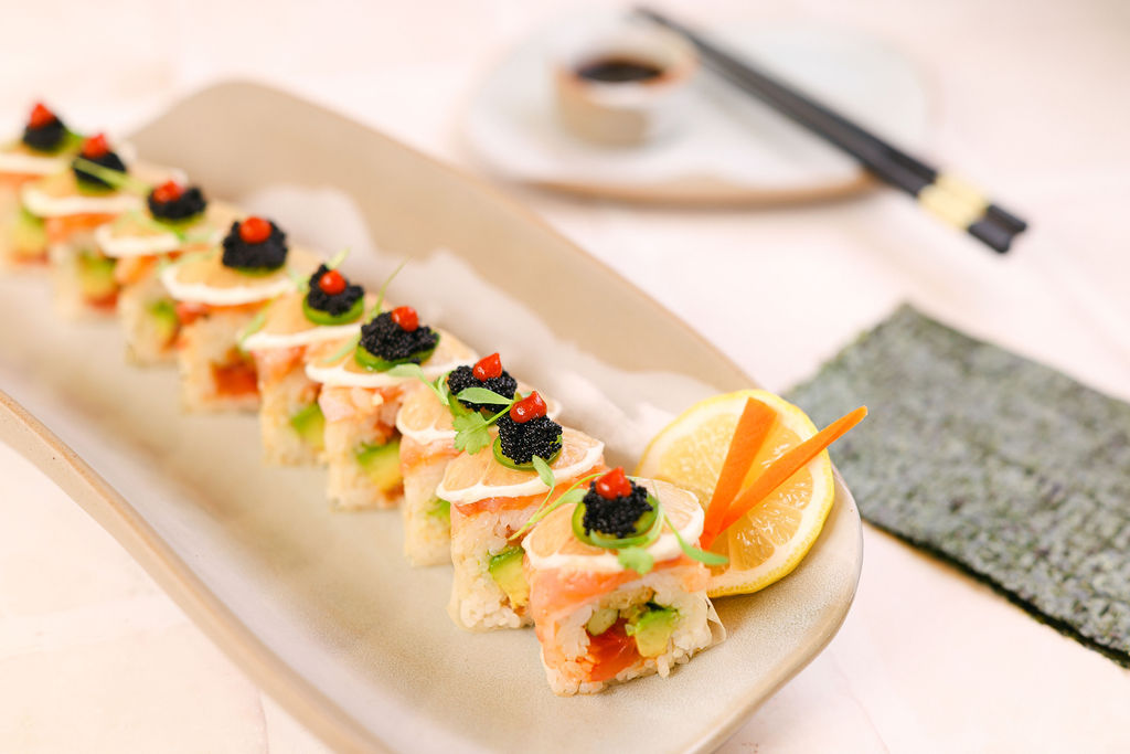 Styled seafood curry dish on handmade blue plate for luxury resort restaurant food photography