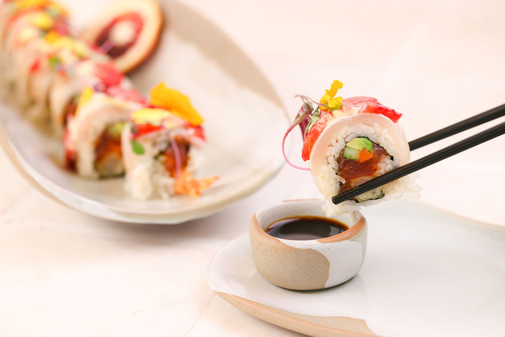 Japanese sushi handrolls on slate board styled food photography for hotel restaurant launch at Gaylord Pacific Resort