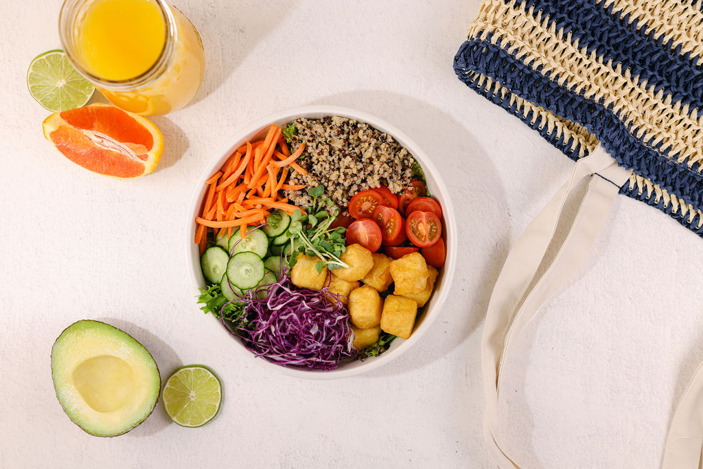 Colorful styled buddha bowl with fresh vegetables for California hotel restaurant menu photography by Chelsea Loren